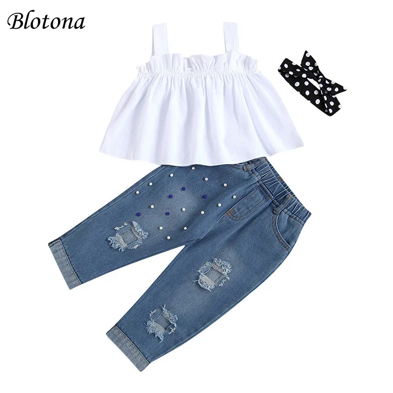 

Blotona Little Girls Summer 2PCS Pants Outfits White Sleeveless Off Shoulder Cami Tops Blue Ripped Denim Pants Sets