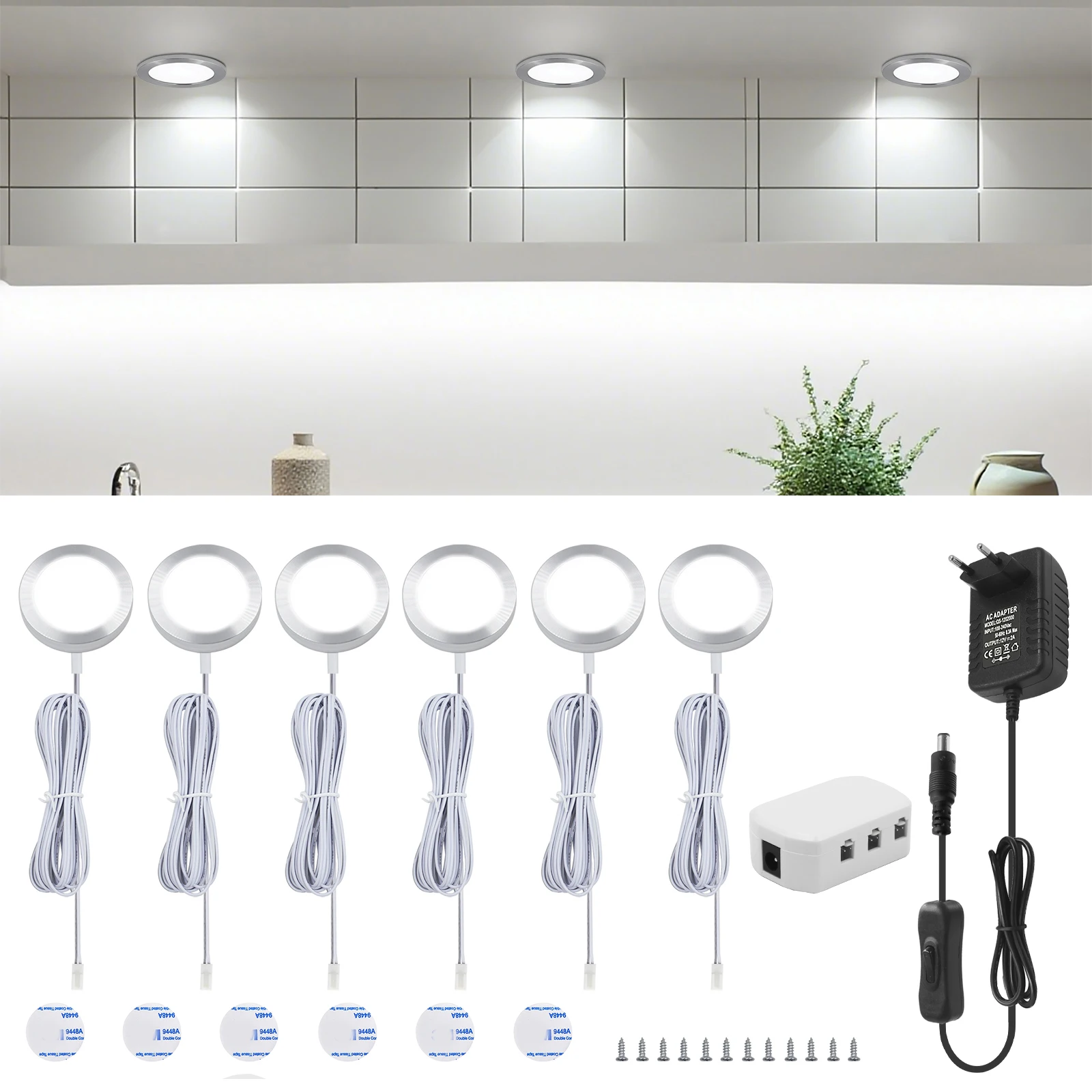 

DC 12V Round Ultra-thin Cabinet Light EU US UK Kit Warm/White LED Under Cabinet Light Kitchen Counter Furniture Decor Night Lamp