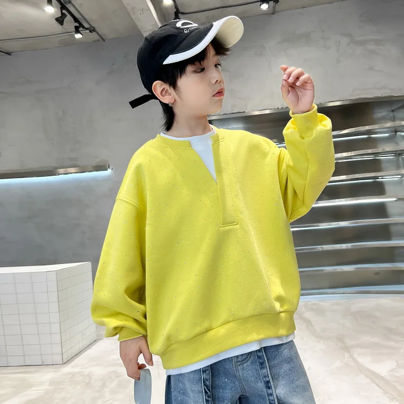 Boys Autumn Clothing Sweatshirt with False Two-piece Design Kids Spring Streetwear Long Sleeve T-shirt Retro Design Pullover Top