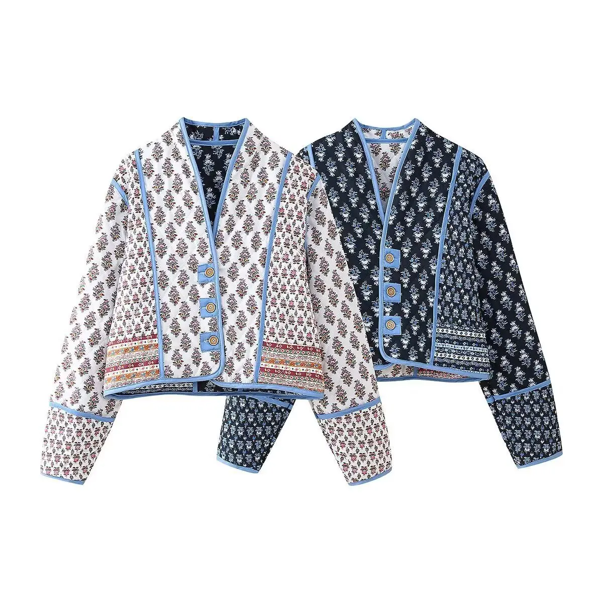 

Осенне-зимняя женская модная стеганая двусторонняя хлопковая куртка с цветочным принтом, элегантное теплое пальто свободного кроя на пуговицах с длинными рукавами