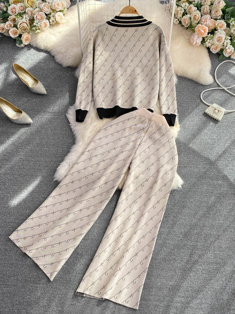 2024 Autumn Winter Thick Knitted Two Pieces Set Women Loose V Neck Pullover Sweater + Wide Leg Pants Warm Sweater Casual Suits