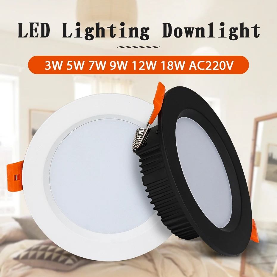 LED 다운라이트 둥근 오목한 천장 램프, 220V LED 전구, 침실 주방 실내 LED 스포트 조명, 3W, 5W, 7W, 9W, 12W, 15W, 18W