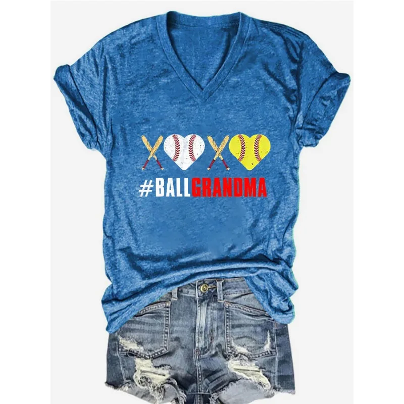 HOT Women's Baseball Print T-Shirts Summer V Neck Tops Short Sleeve Casual Tees