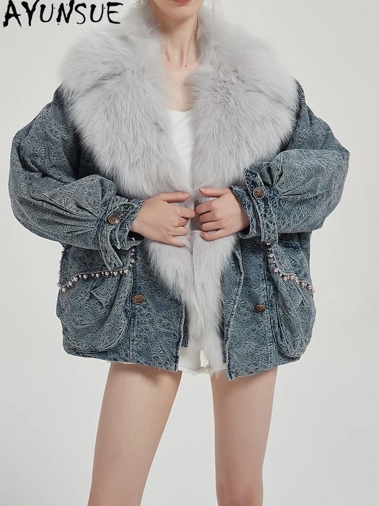 سترة نسائية من الفرو الحقيقي من AYUNSUE لعام 2025 معاطف نسائية قابلة للفصل ملابس شتوية دافئة بياقة من فرو الثعلب شوبا Жénska