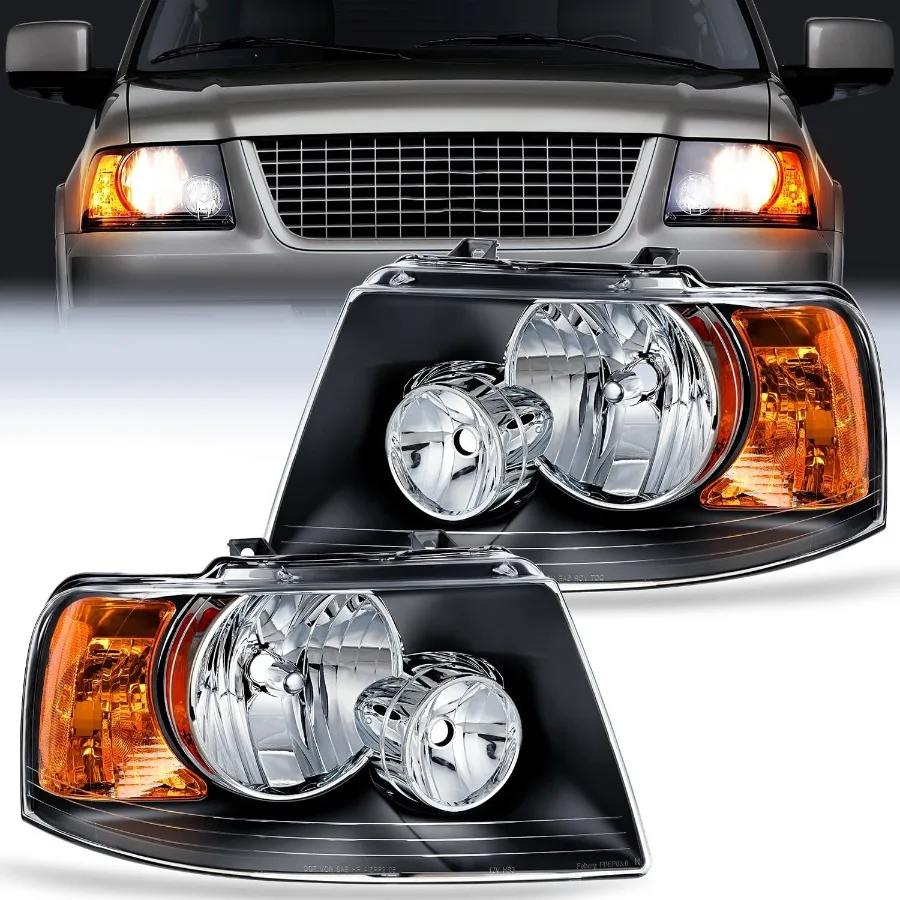 

Headlight Assembly Compatible with 2003 2004 2005 2006 Expedition Headlamps Replacement Black Housing Amber Reflector Clear Le