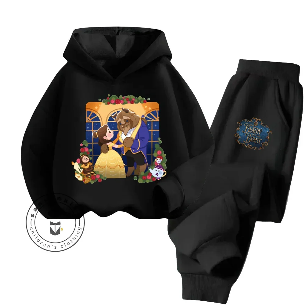 Kawaii Beauty and the Beast Cartoon Street Fashion Sets Elastic Long Sleeve Clothing for Boy Girl Autumn Winter Kids Hoodie Sets