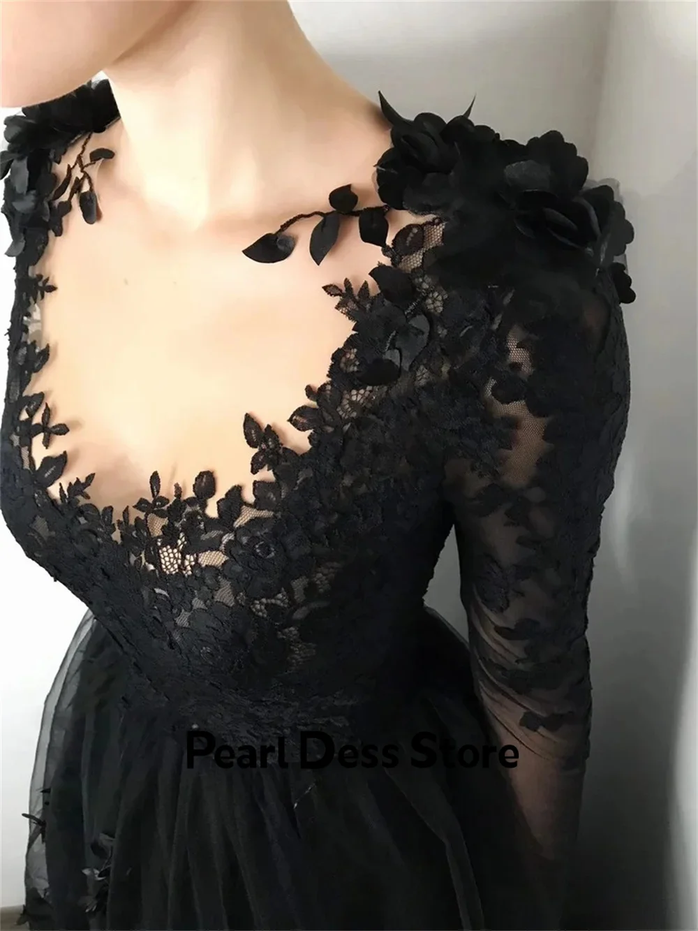 Pearl Gala Dresses Woman 2024 for Party Dress Lace Embroidered Long Sleeve A Line Sexy Black 3D Flowers Women Evening Dress Gown