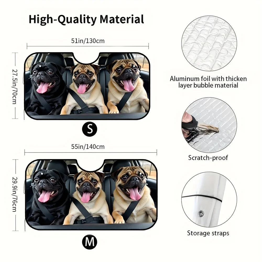 

1pc, Foldable Pug Faced Car Sunshade, UV Protection Shield With Heat Blocking Layer, 4 Suction Cups For Vehicle Cooling And Easy