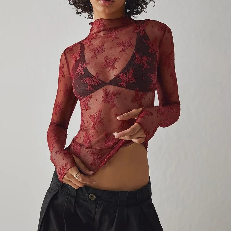 Sexy Sheer Mesh Long Sleeve Crop Top for Women Mock Neck Floral Lace Tshirt Fairy Coquette See Through Tees Blouse Cover-ups