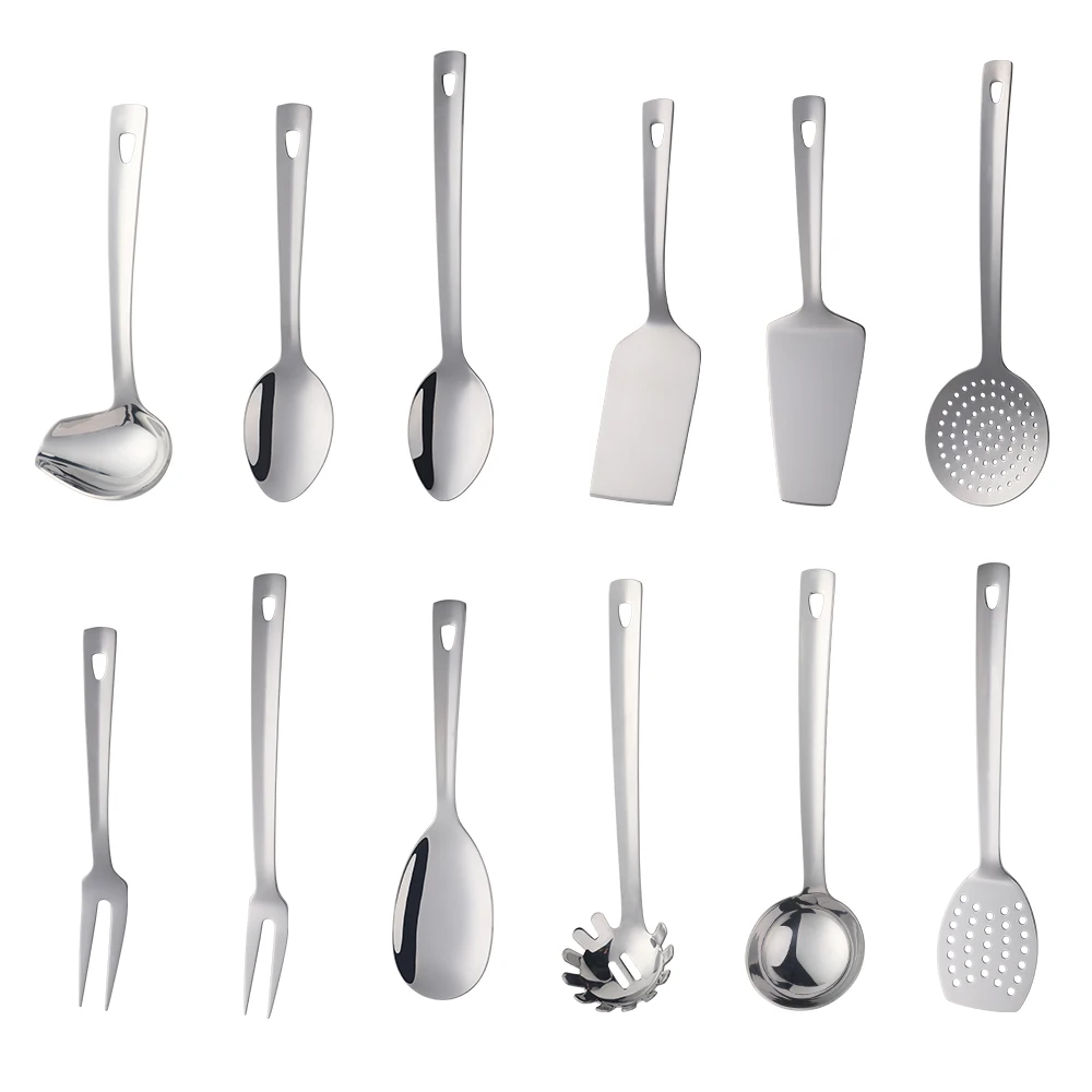 1PC Stainless Steel Silver Long Serving Soup Spoon Cooking Utensils Metal Polish Skimmer Colander Shovel Spatula Kitchenware Set