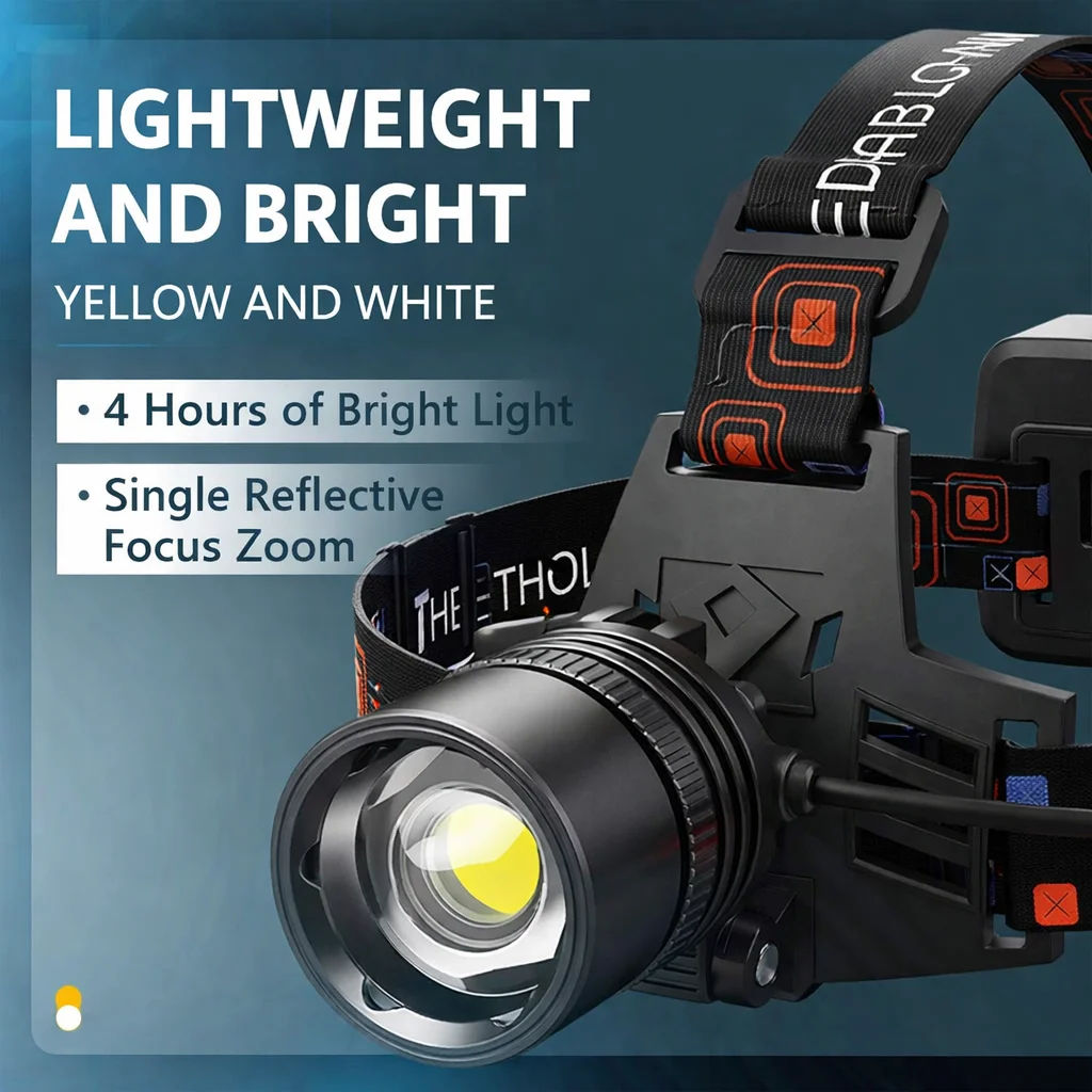 Rechargeable LED Headlamp P100, Super Bright White/Yellow Light, Long Lasting for Outdoor Camping, Hiking, Fishing