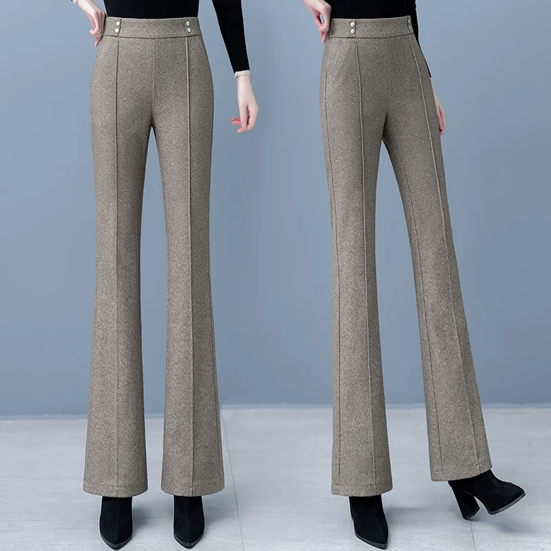High Waist Fleece Lined Casual Women's Wool Pants Asymmetric Wide Leg Commuter Style Fashionable Spring Autumn Trousers
