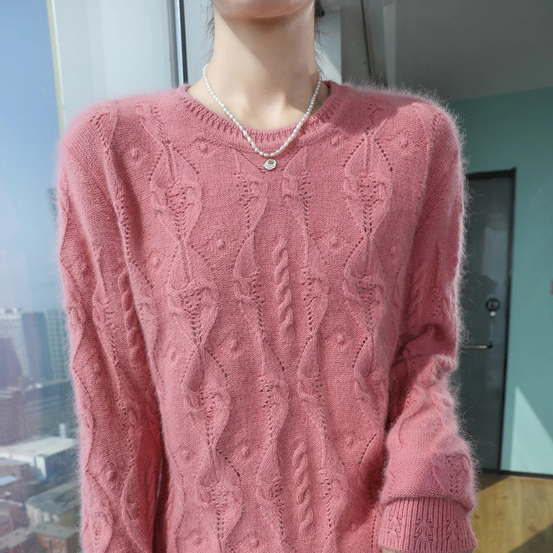 

Fashion hollowed out women's knitted pullover 100% mink cashmere O-neck sweater solid color full sleeve women's base New produc