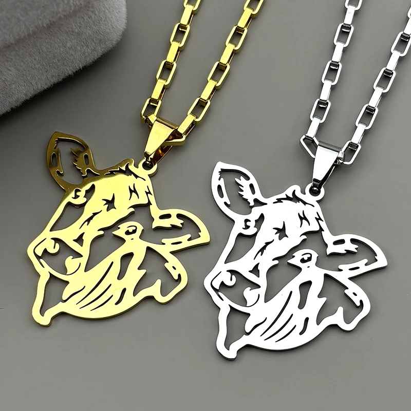 

Fashion Cow Head Animal Pendant Necklace Chain for Women Men Stainless Steel Gold Color Hollow Bull Calf Necklaces Jewelry Gifts