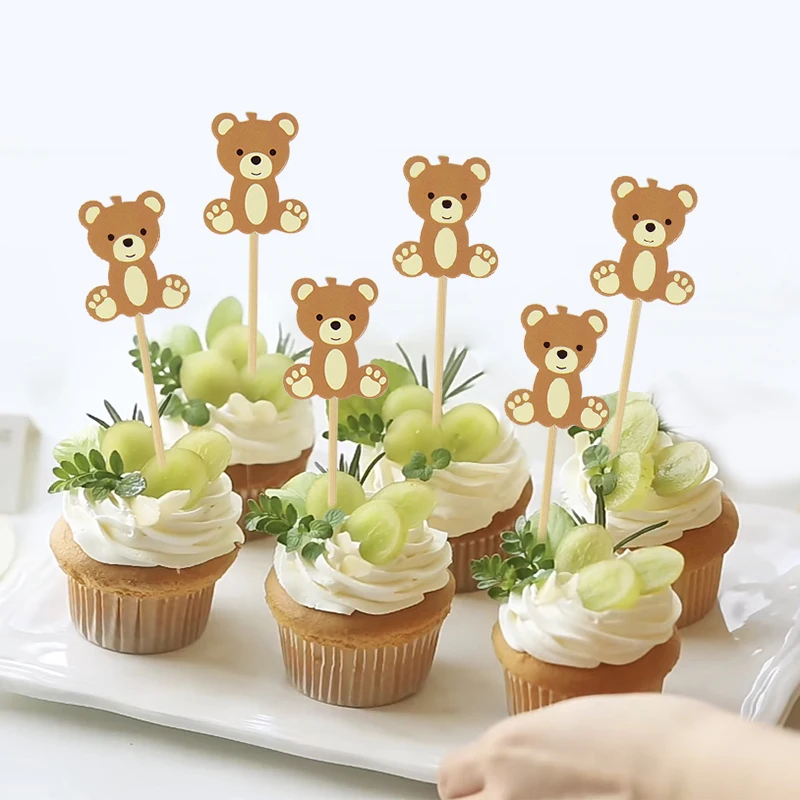 20pcs Cute Bear Cupcake Topper Buffet Cake Fruit Fork Bamboo Kids Happy Birthday Party Cake DIY Decoration Baby Shower Supplies