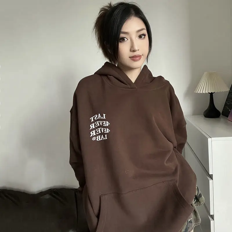 Female Clothes Hooded Tops Letter Printing Sweatshirts for Women Brown Sport Hoodies with Orint on Text Cotton Harajuku Fashion