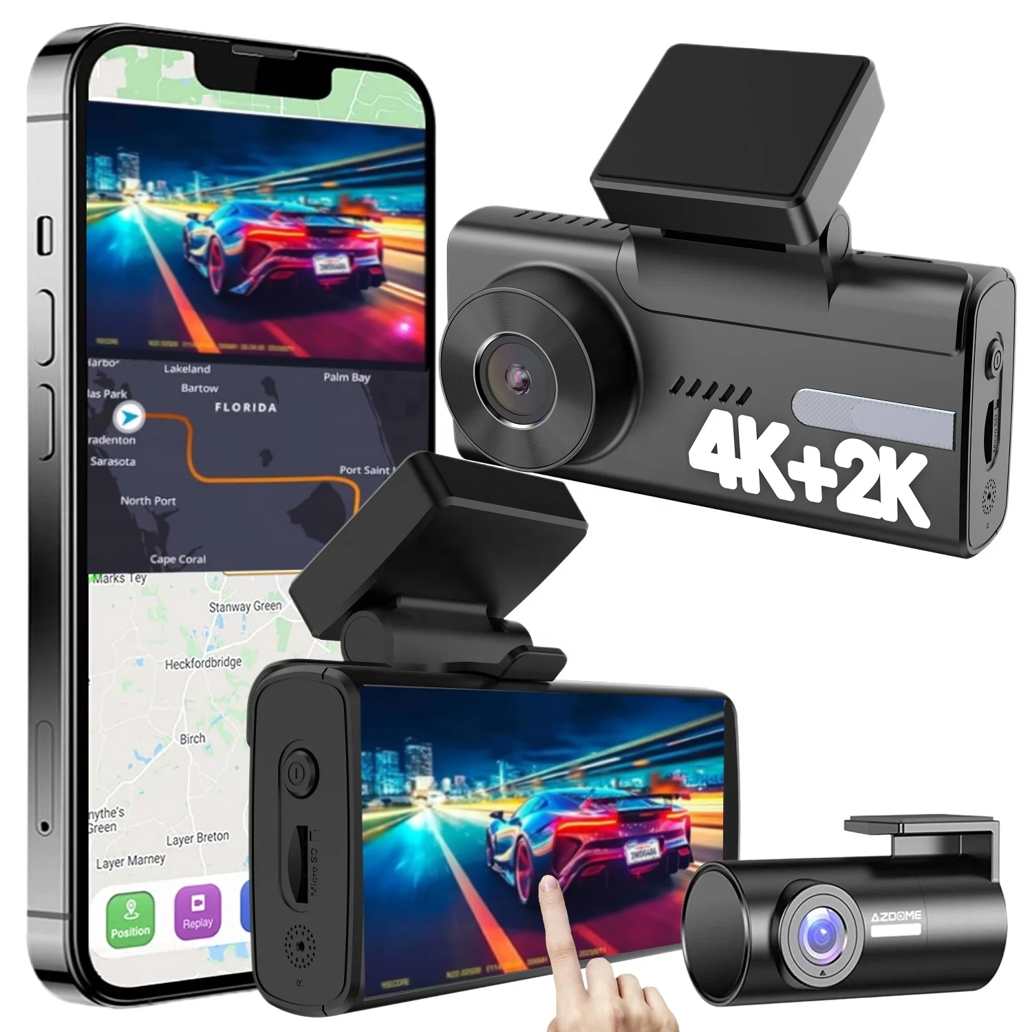 AZDOME 5K M580 2CH 4 inch touchscreen driving recorder 5G wifi Built-in GPS Front and Rear Dash Cam 4K 1440P small car parts