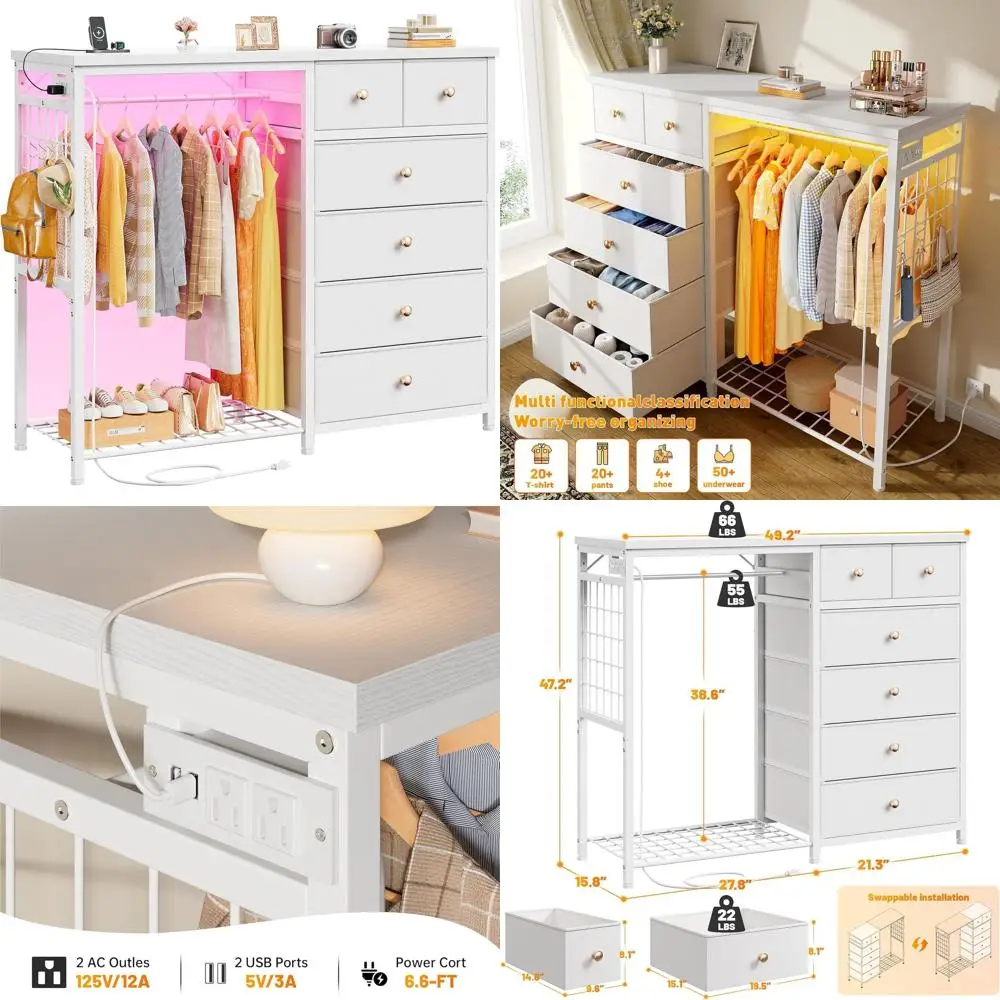 

White Fabric Drawer Set with Hanging Rack, LED Lights, Charging Station, and 4 Hooks for Bedroom Storage