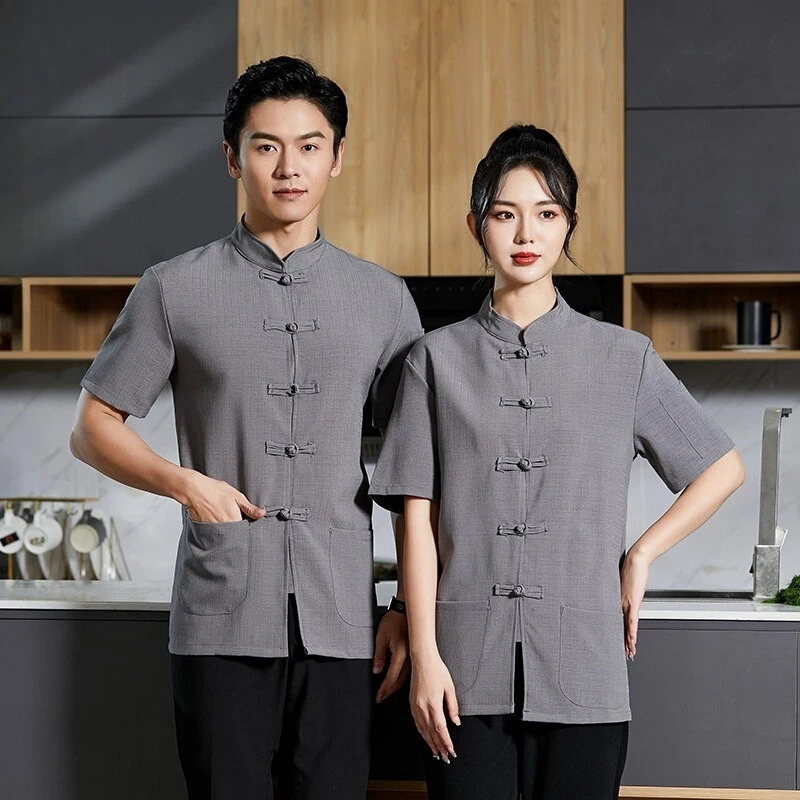 Retro Mandarin Collar Chef Jacket Lightweight Linen Blend Anti Wrinkle Short Sleeve Kitchen Work Uniform With Side Pockets