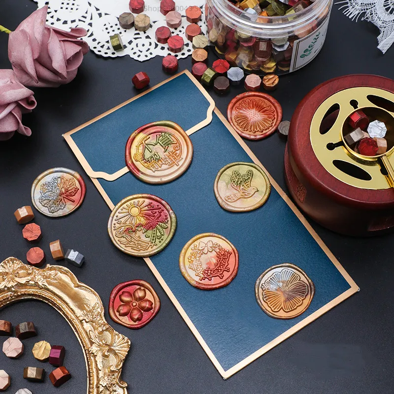 100ชิ้น/ถุง Vintage Wax Seal ผสมสีขี้ผึ้งลูกปัดสีใหม่ Octagon Seal แสตมป์สำหรับซองจดหมายเชิญงานแต่งงาน DIY อุปกรณ์