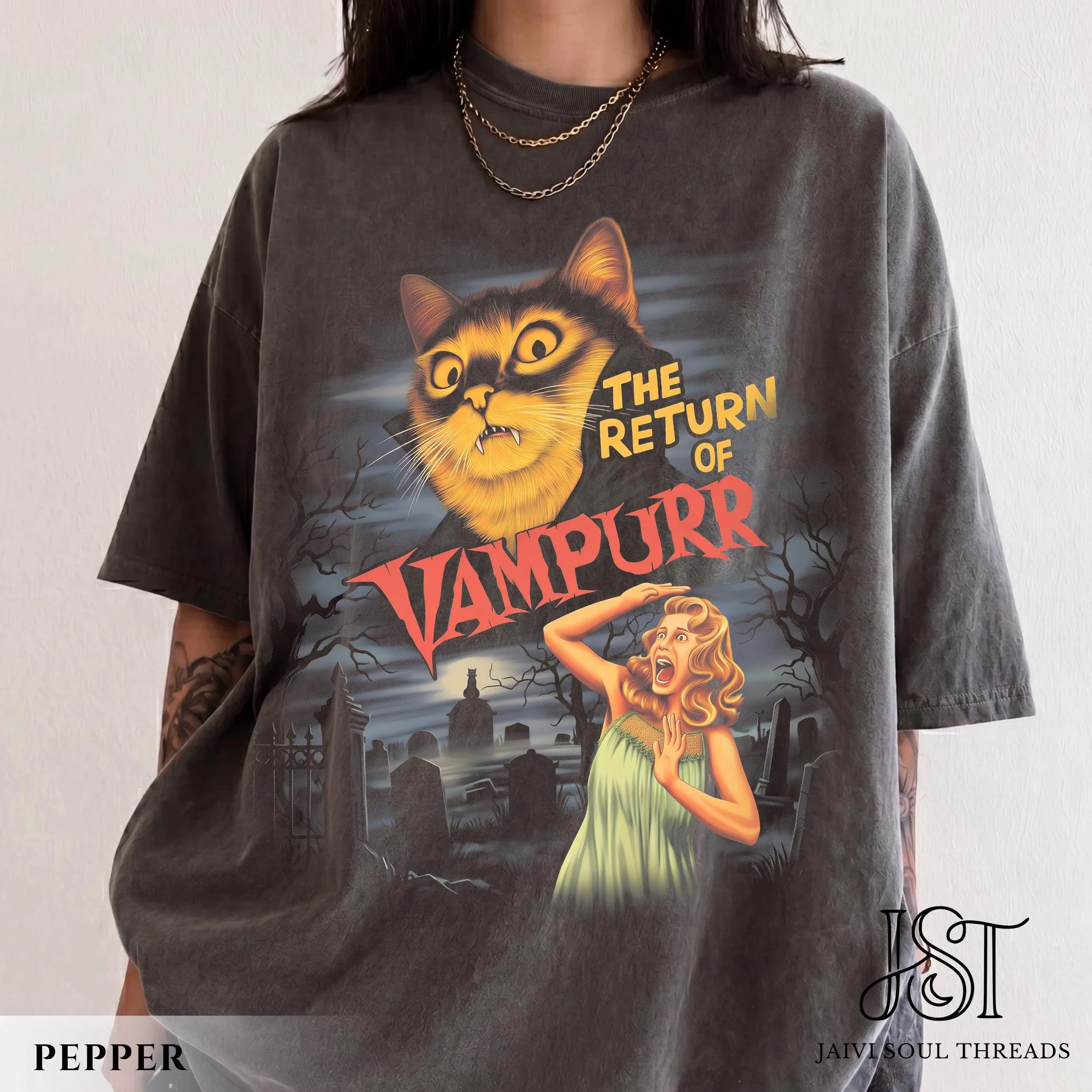 The Return of Vampurr Tshirt Retro B Movie Poster Shirt Funny Vampire Cat Graphic Tee Spooky Halloween Spoof Gift