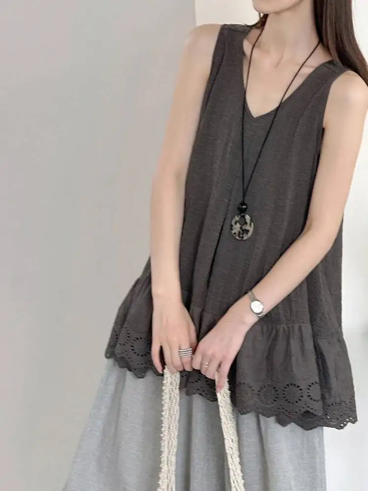 Women Dark Gray Thin Ruffles Big Size Tank Tops New V-collar Sleeveless Personality Fashion Spring Summer