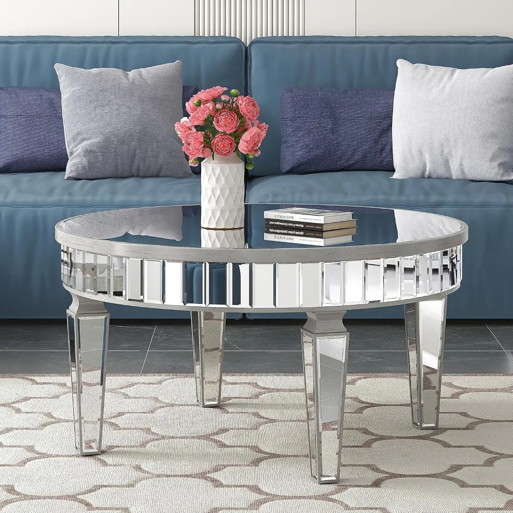 

Mirrored Coffee Table - Round Glass Coffee Table with Highly Reflective Mirror - Retro Style - Easy Assembly - Traditional Silve