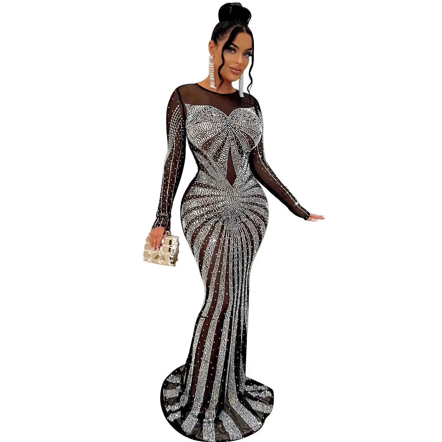Vestido Midi E de Manga Longa Faion C698 Cor Pura Malha Transparente com Lantejoulas Roupa Fena Qualidade Premium