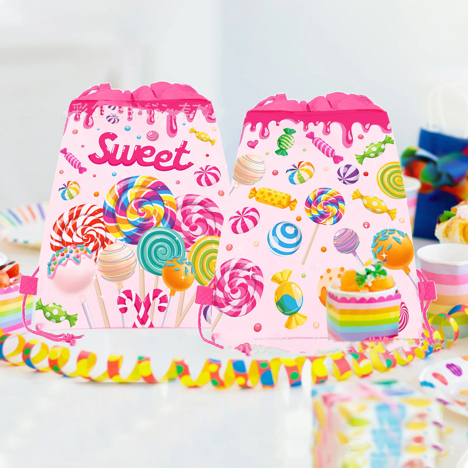 4/16 Stück schöne Lollipop-Party-Geschenktaschen aus Vliesstoff mit Kordelzug für Kindergeburtstage, Hochzeiten und Partys. – Detail 3
