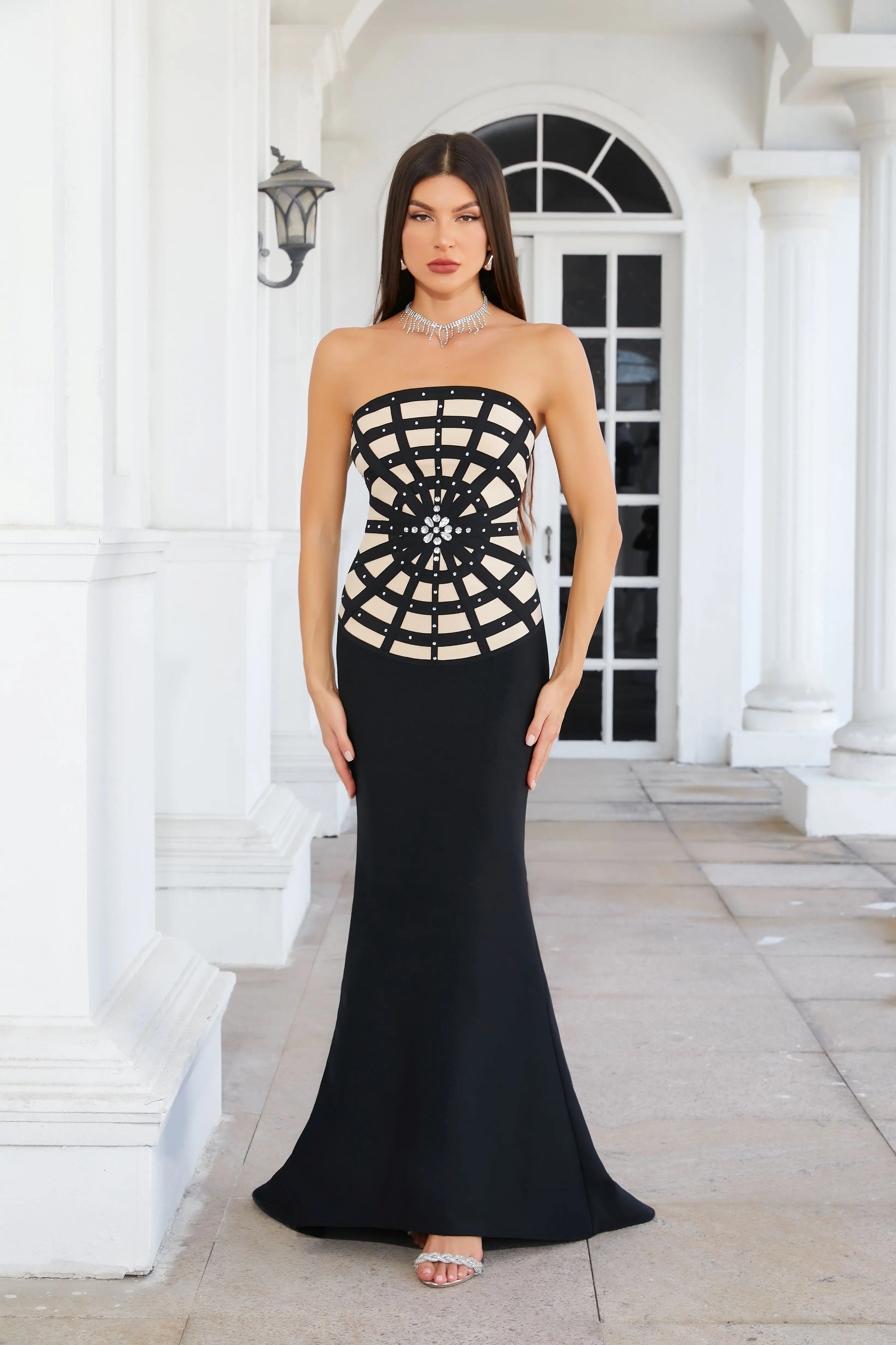 

Women's Black Bandage Dress Strapless Grid Lace Mermaid Gown Beaded Mesh Panels Fishtail Evening Dress Formal Attire