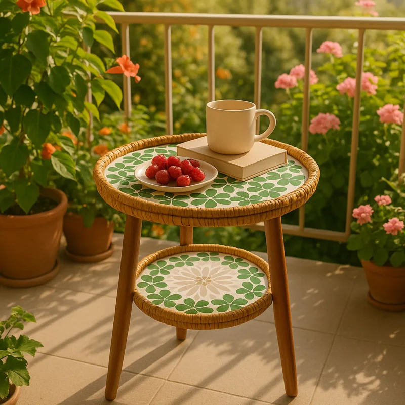 طاولة قهوة من الخيزران بطبقة مزدوجة مع أرجل خشبية، سطح فسيفساء فني، طاولة ديكور بوهو ريفي للداخل والخارج