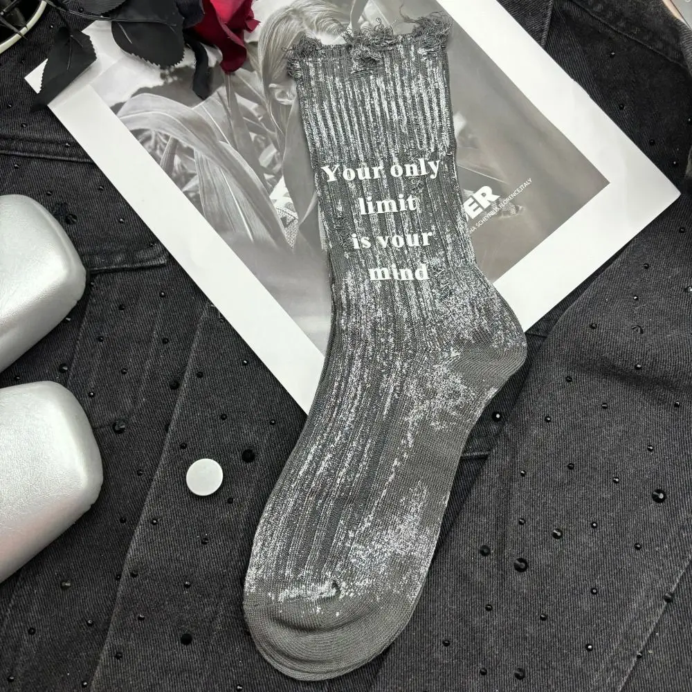 Soft Unique Ripped Hollow Socks Punk Stripe Letter Personality Mid-Calf Socks Street Autumn Winter Hosiery For Women