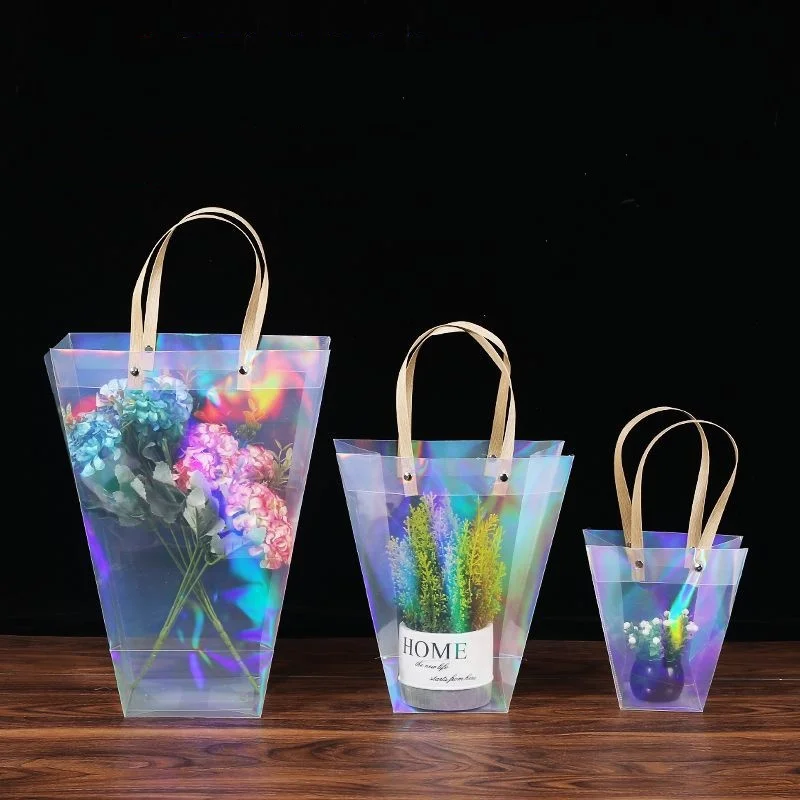 StoBag 10pcs Laser Transparent Gift Tote Bags Plastic Packaging Handbag Waterproof Storage Reusable Pouch Birthday Party Favors