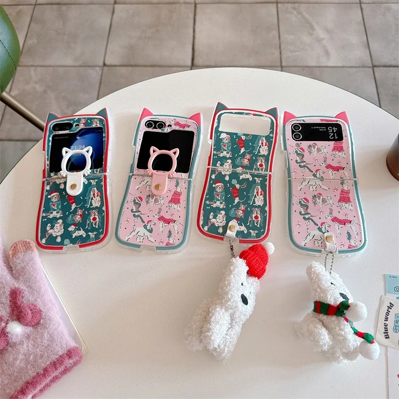 

Cute Christmas Dog 3D Cat Ear With Lanyard Phone Case for Samsung Galaxy Z Flip 3 4 5 6 5G PC Hard Anti-drop Back Cover Funda