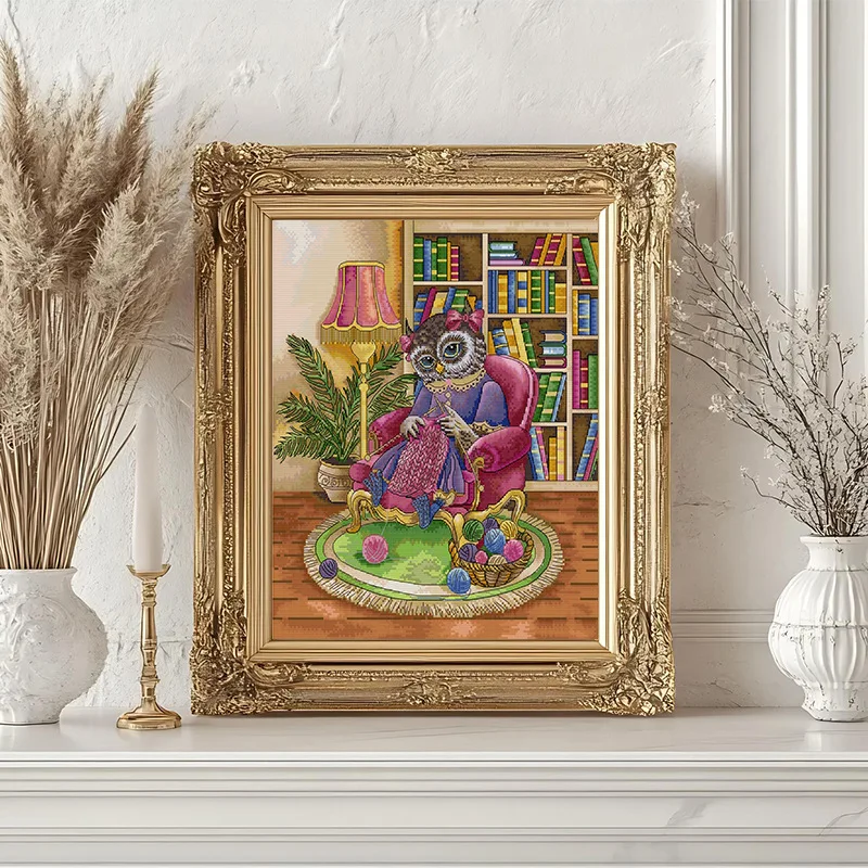 

Soulgift Stamped Pre-Printed Cross Stitch Kits, 9CT/11CT/14CT/16CT DMC Threads, Easy To Follow - The Owl Who Loves To Knit