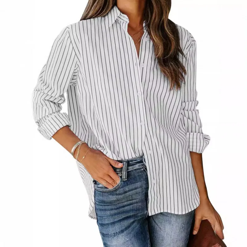 2025 Women's New Fashionable Casual Striped Long Sleeve Button Shirt for Commuting and Vacation Sunscreen T Shirt  Camisetas