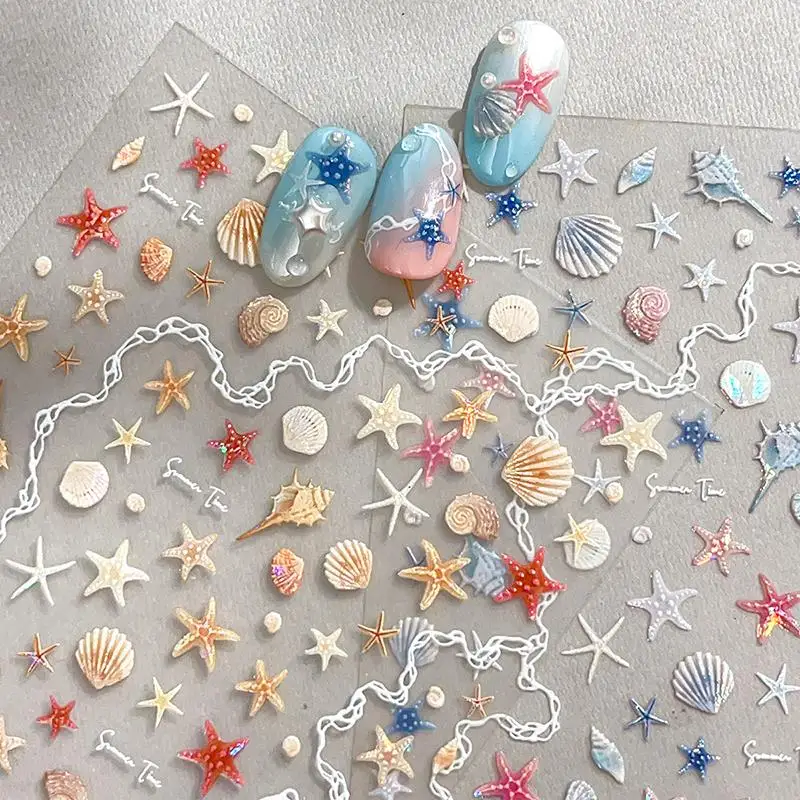 New 1 Sheet 5D Summer Seashell Nail Sticker Shiny Embossed Starfish Nails Stickers Summer Beach Sea Conch Nail Decals Decoration