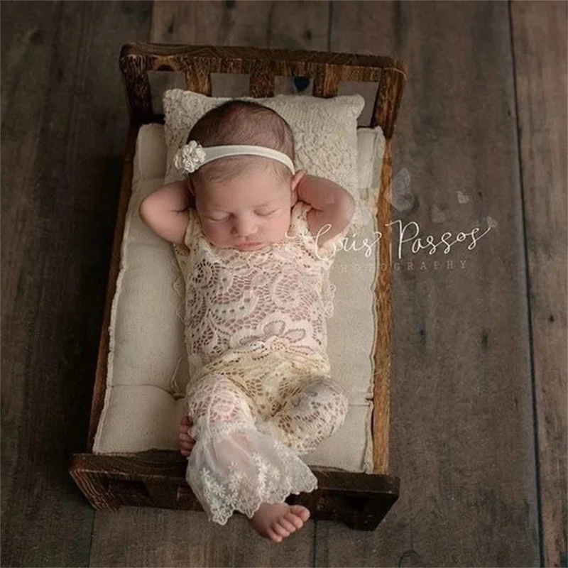 Portable Newborn Lace Photography Props Romper Headband Outfits Newborn Shower Photo Clothes for Boys Girls