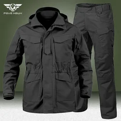 Black M65 Cargo Sets Men Military Multi-pocket Waterproof Windbreaker Coats+Windproof Straight Pants Spring Autumn Hooded Suit