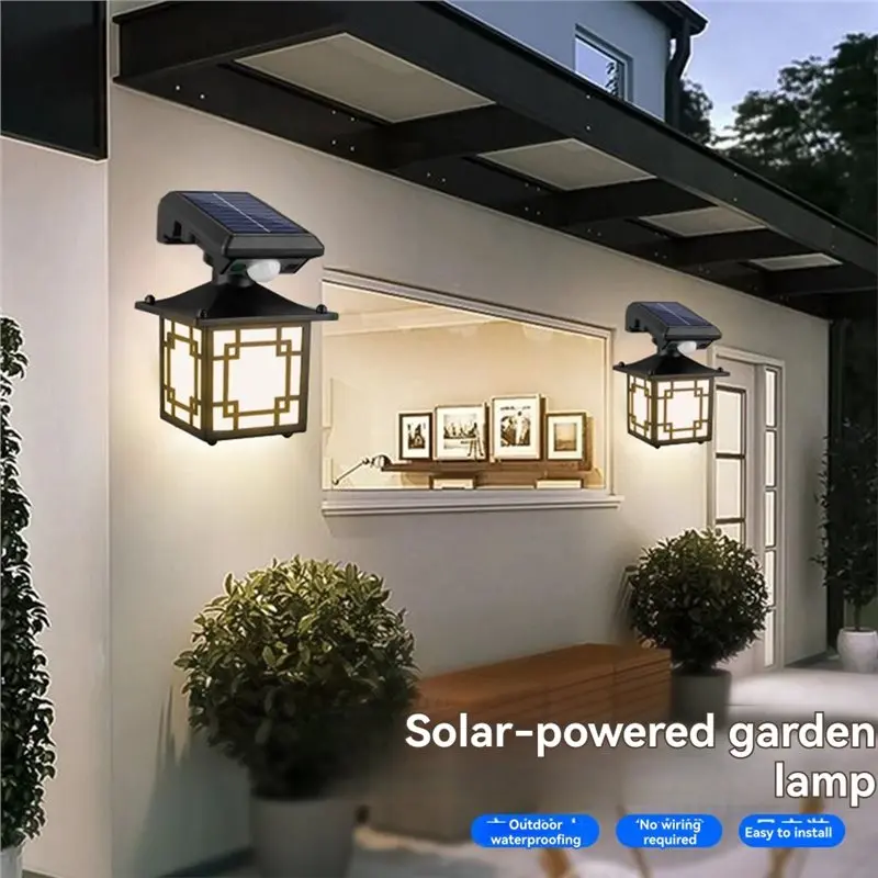 LICE-Solar Powered Outdoor Wall Lanterns 2PCS Waterproof 200LM Motion Sensor Fence Light With 3 Modes Exterior Lighting