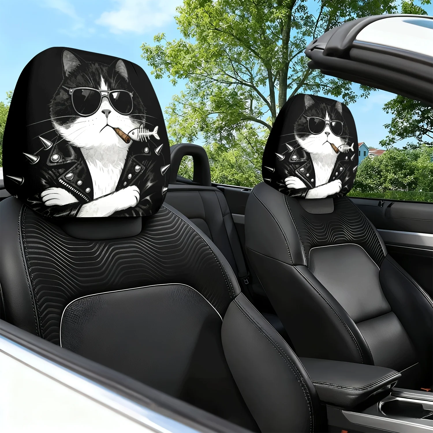 2pcs Car Headrest Protector Cover with Cool Cat Theme Print Pattern - Car Seat Headrest Neck Pillow Protector with Cute Design