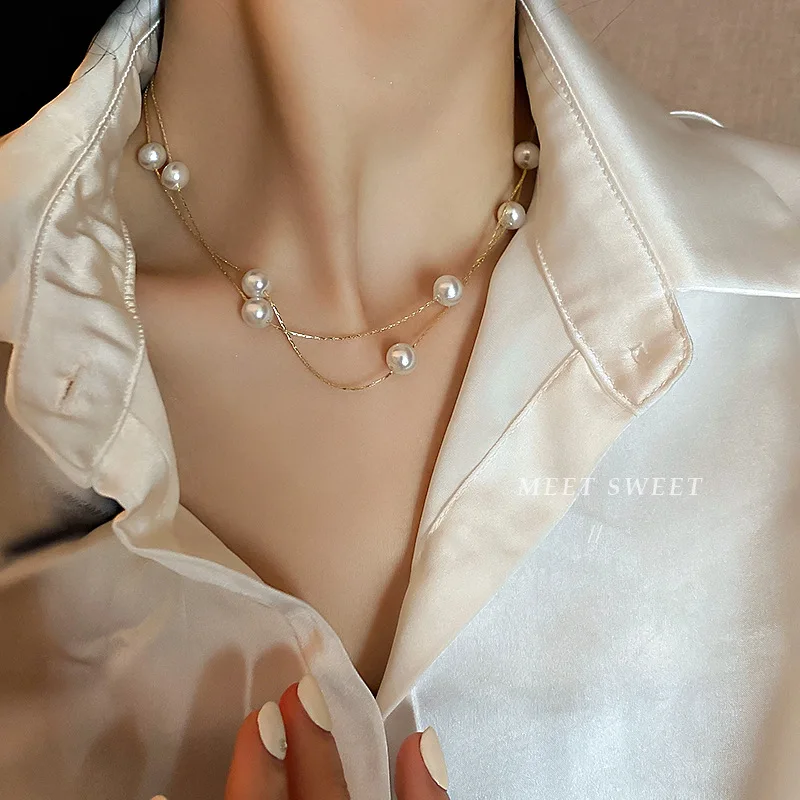 Korean Elegant Imitation Pearl Beads Double Layered Stacked Necklace Gold Color Chocker on The Neck Jewelry 2024 Collar for Girl