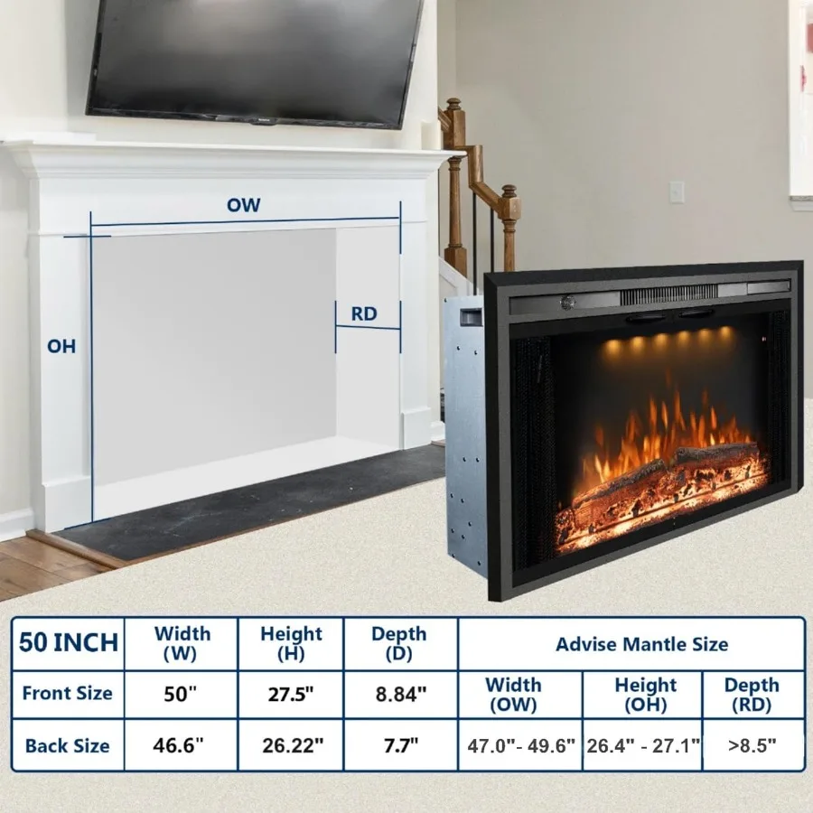 مدفأة كهربائية 50 بوصة مع قدرة تسخين 750 وات/1500 وات لهب قابل للتعديل وألوان إضاءة علوية كراك نار واقعي #6