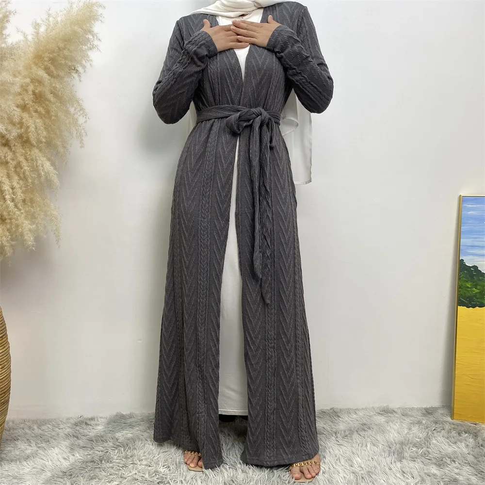 

Autumn Winter Abaya for Women Knitted Kimono Muslim Sweater Outwear Loose Long Dress Open Cardigan Dubai Islam Kaftan Gown Belt