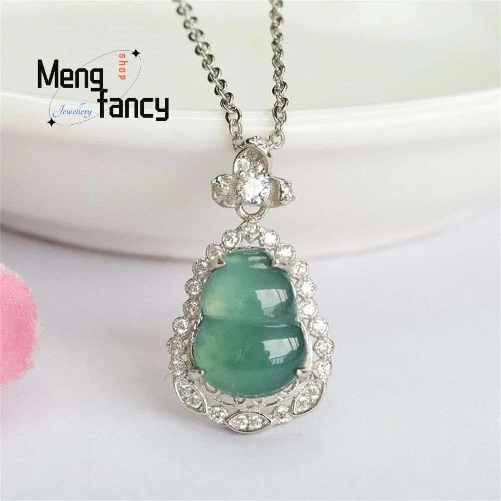 S925 Silver Lnlaid Natural A-goods Jadeite Exquisite Elegant Simple High-grade Blue Water Gourd Pendant Luxury Quality Jewelry