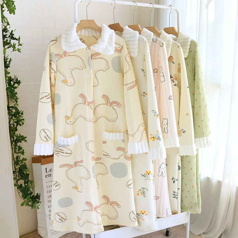 Winter Warm Air Layer Quilted Cotton Girls Floral Sleep Dress Women Nightgowns Nighttie Sleepshirts Ladies Home Dresses Fashion