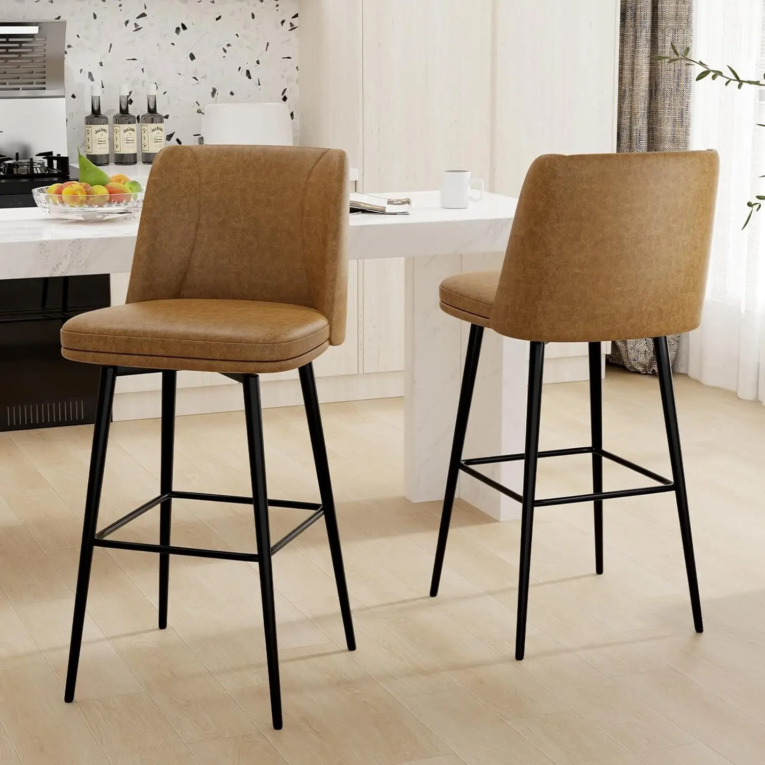 Modern Bar Stool,Bar Stools Set of 2, 360°Swivel Upholstered Barstools with Backs and Metal Legs,Seat Height Linen Kitchen C