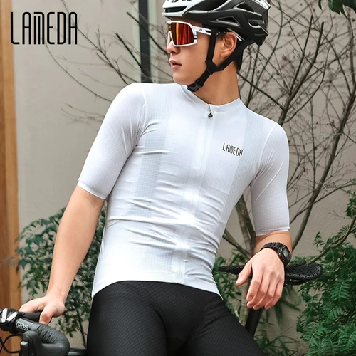 Imagen 2 del producto LAMEDA Camiseta de ciclismo para hombre, camisetas de ciclismo de carretera de manga corta con absorción de humedad y cremallera completa para hombre, camiseta MTB con 3 bolsillos