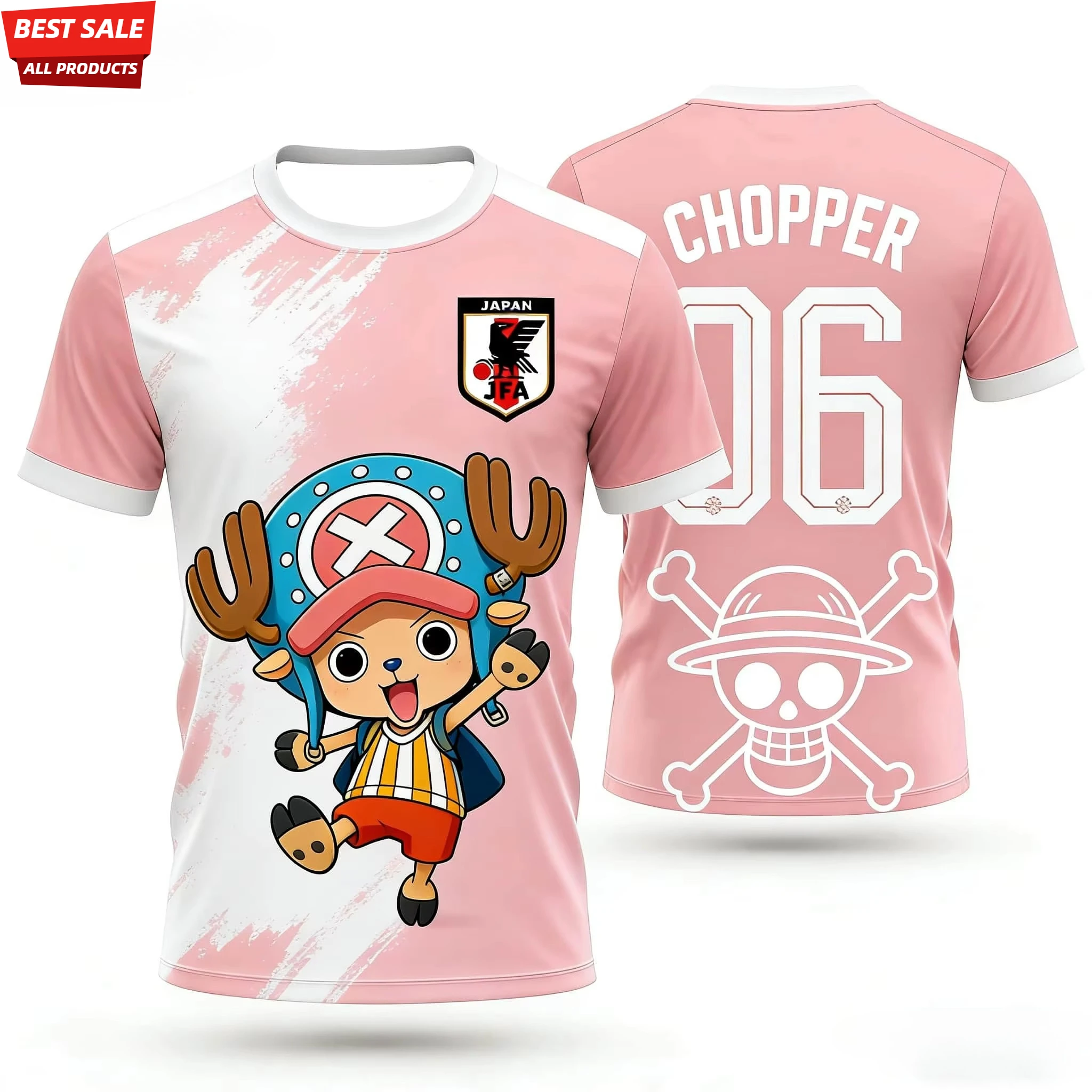 Camiseta de Fútbol One Piece Chopper 2026, Camiseta de Fútbol con Estampado de Anime Rosa y Blanco, Tallas para Adultos y Niños Disponibles, Top Deportivo Transpirable