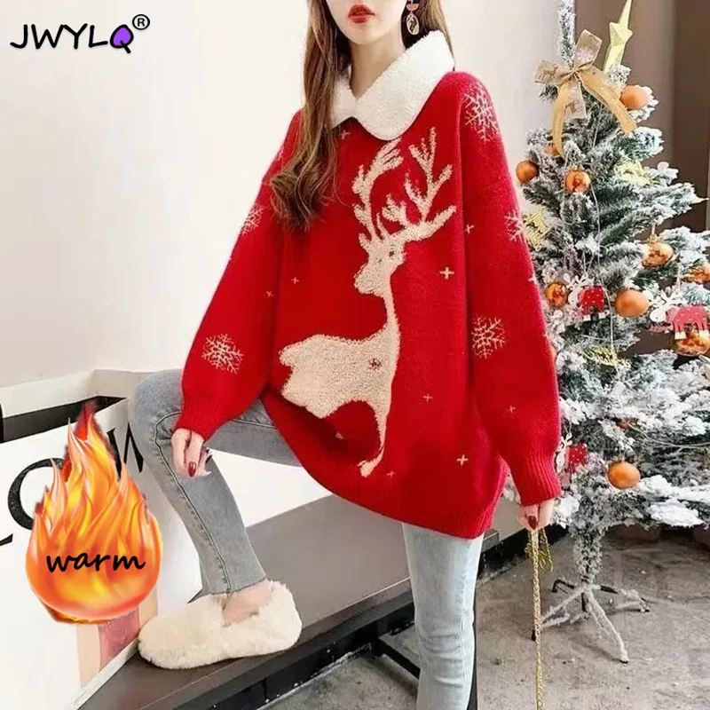 

Plush Thickened Christmas Red Sweater Women's Loose 2022 New Autumn And Winter Reindeer Snowflake Spliced Warm Collar Lovely Top